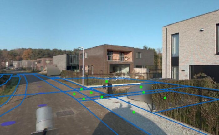 Suburban street view with modern houses in the Netherlands. Digital lines and points overlay the road and properties