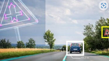 A road in the Netherlands with a digital overlay displays a traffic sign and a distant blue car