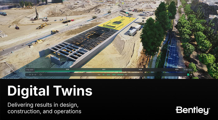 Aerial view of a construction site with a digital overlay highlighting progress, accompanied by the text "Digital Twins—Delivering results in design, construction, and operations".