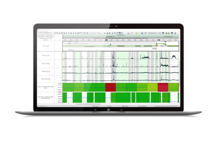 Laptop screen displaying a detailed graph with various green, red, and black data plots, lines, and markers against a grid background.