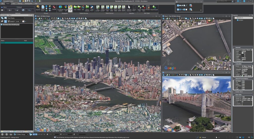 A computer screen displays aerial and street-level map views of Manhattan, New York City, using 3D satellite imagery and various mapping software tools.