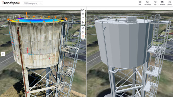 Side-by-side comparison of a 3D scan (left) and a digital model (right) of a cylindrical water tower by Trenspek, featuring exterior stairs and railings. Part of our Partner Spotlight series.