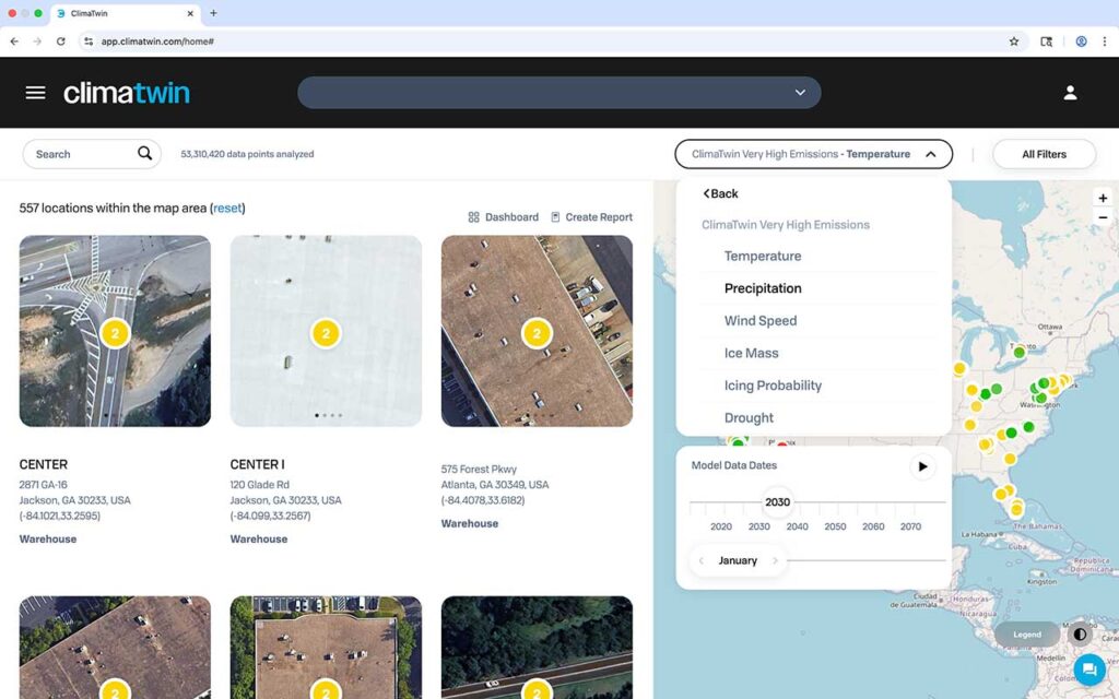 Screenshot of the ClimaTwin platform showing a map, climate filters, locations, and data points related to temperature and climate risk.
