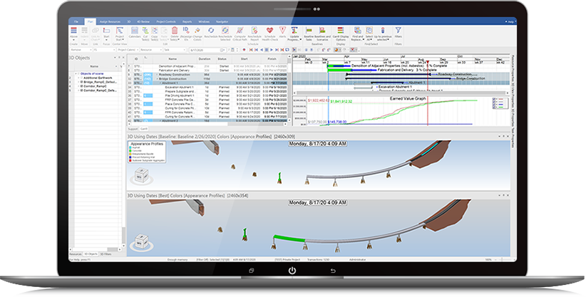 A laptop screen displaying SYNCHRO 4D project management software with a Gantt chart, data tables, and construction progress model views—perfect for exploring during your free trial.