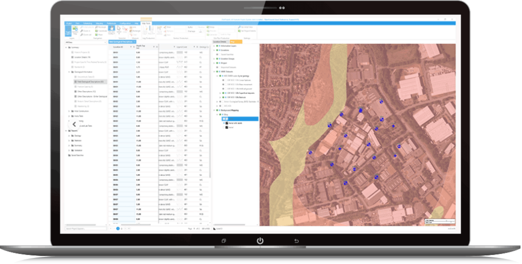 A laptop screen displaying OpenGround application with a map and data table. The map features marked locations and various shaded areas, suggesting analysis of geographic data crucial for geotechnical engineering projects.
